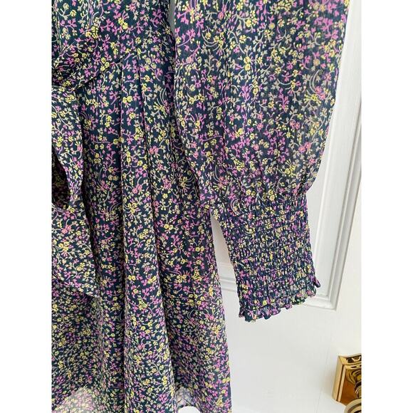 BODEN Smocked Yoke Floral Metallic Tie Waist Long Sleeve Mock Neck Dress 8 - Picture 10 of 16